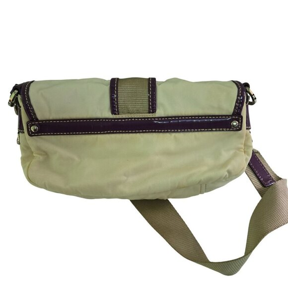 Prada Vintage Tessuto Beige Cloth Rare Purple Patent Leather Trim Crossbody Bag